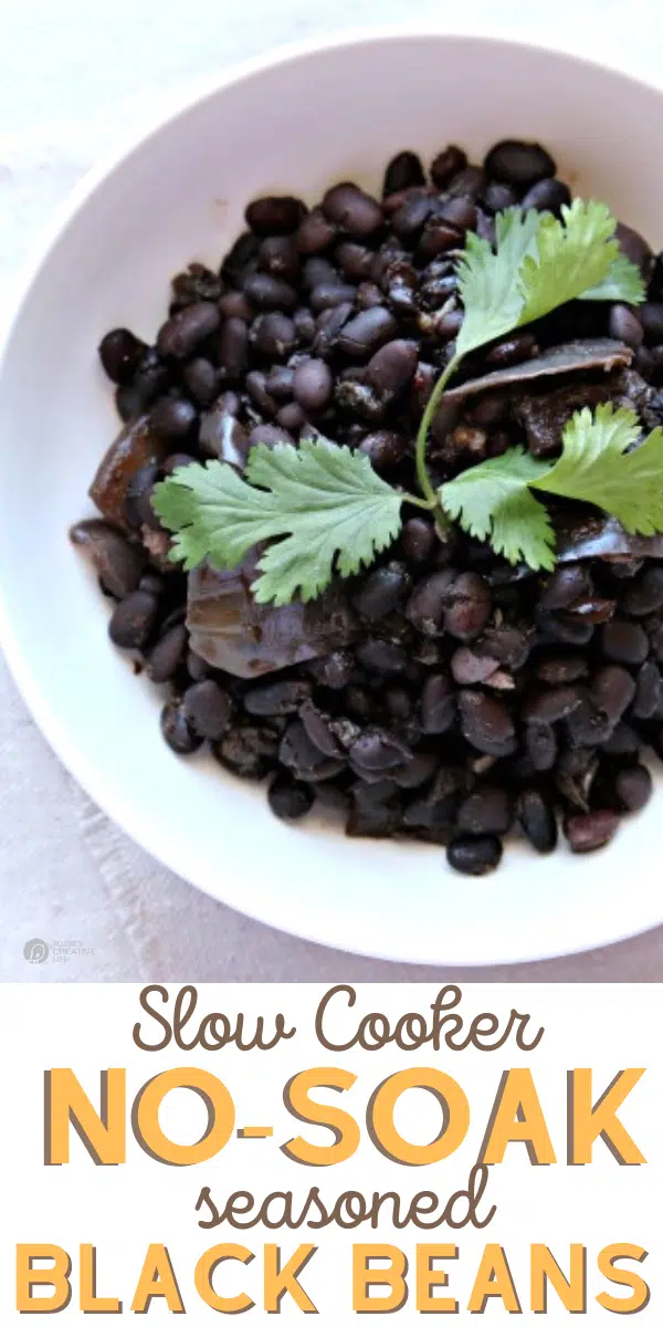 Photo collage of a white bowl with slow cooker seasoned black beans no soak inside. 