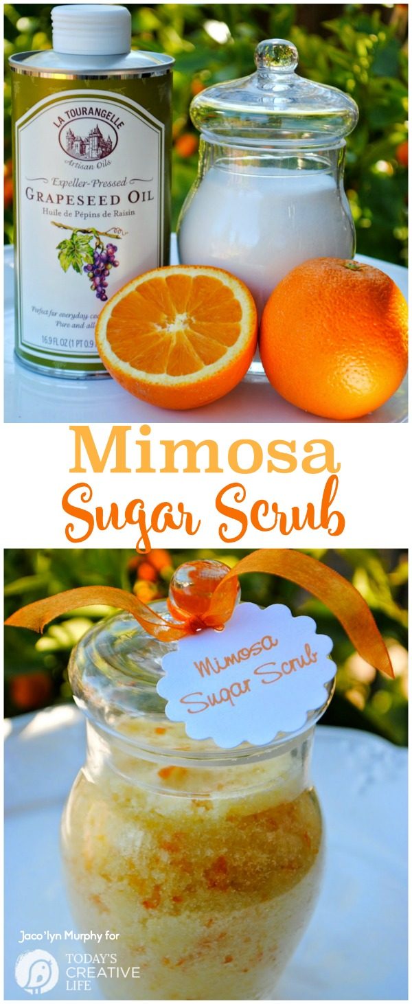 Homemade Mimosa Sugar Scrub | Make your own diy sugar body scrubs! This homemade spa recipe will leave you silky smooth and smelling amazing. See the recipe on TodaysCreativeLife.com