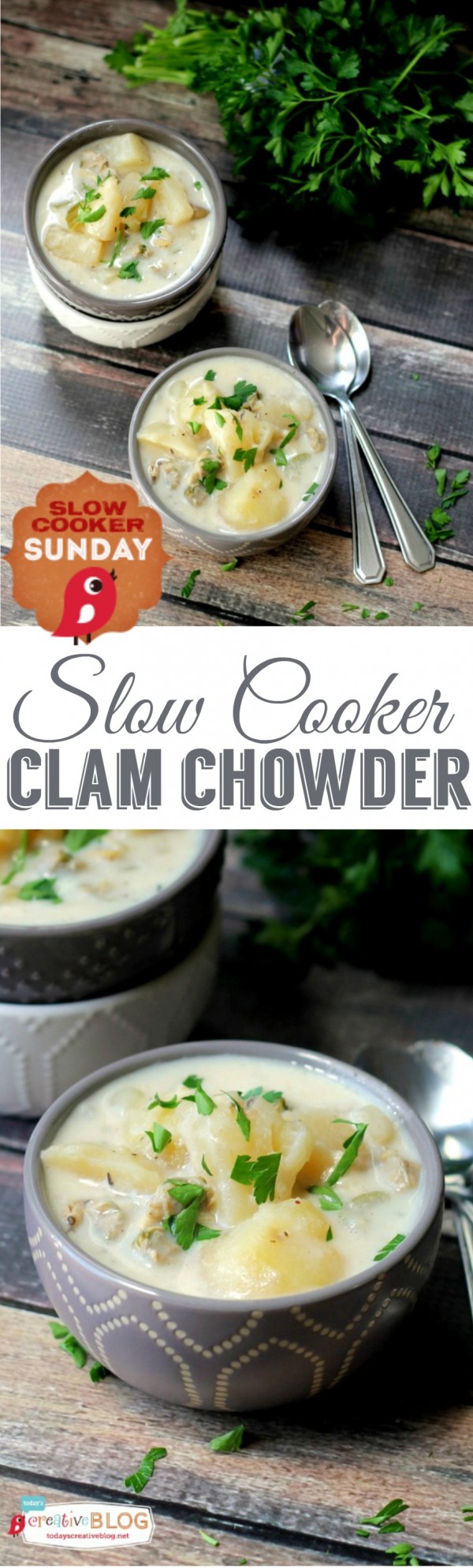 Slow Cooker Clam Chowder | Clam Chowder with no bacon | Creamy with chunks of potatoes. Crockpot dinner ideas | TodaysCreativeLife.com