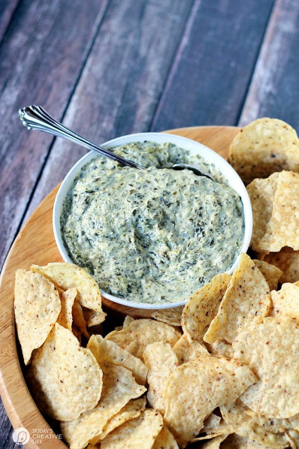 a bowl of Slow Cooker Artichoke Dip with Spinach