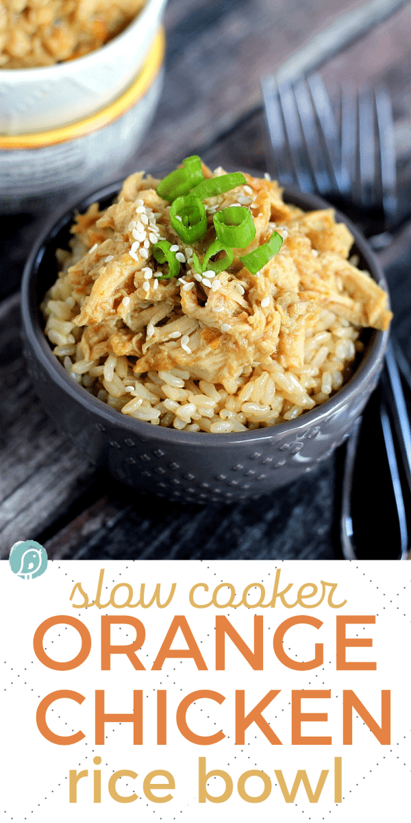 2 bowls stacked and filled with Slow Cooker Orange Chicken Rice Bowls.