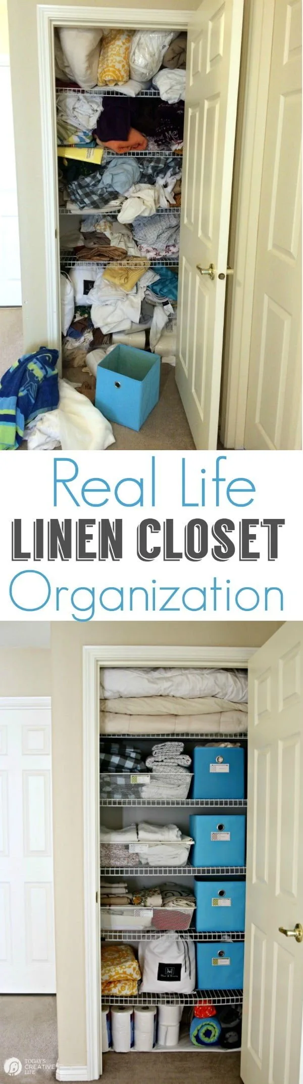 Organized Linen Closet for Real Life | Functional and pretty rarely collide, organize a linen closet for real life isn't going to be magazine ready, but you'll love it! See more on TodaysCreativeLife.com