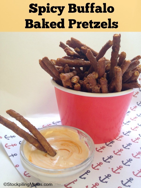 Spicy Buffalo Baked Pretzels by Stockpiling Mom | Easy snacks | See more on TodaysCreativeLife.com