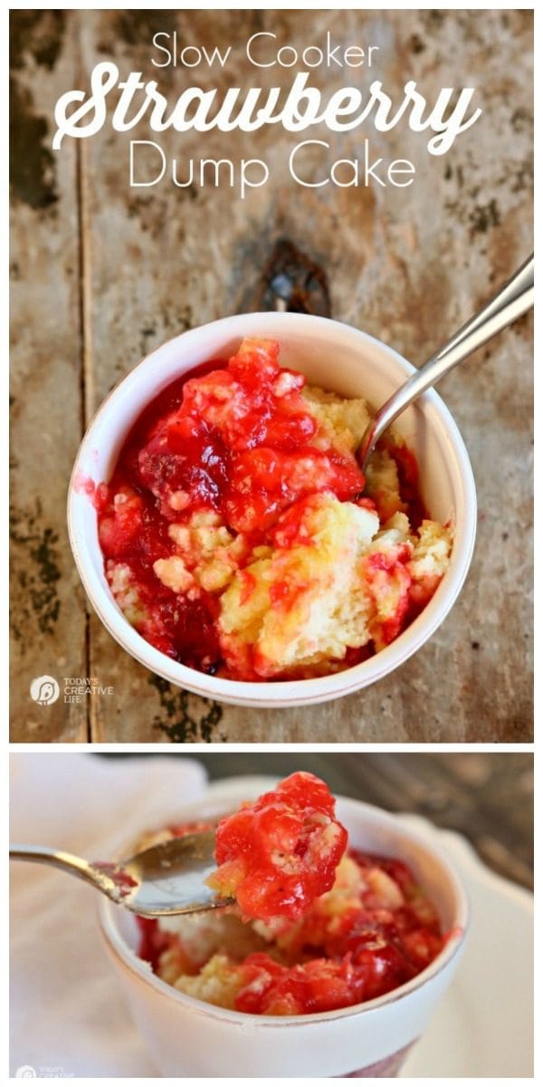 Slow Cooker Strawberry Dump Cake | This crockpot dessert is easy and always delicious! Click the photo for the recipe from TodaysCreativeLIfe.com