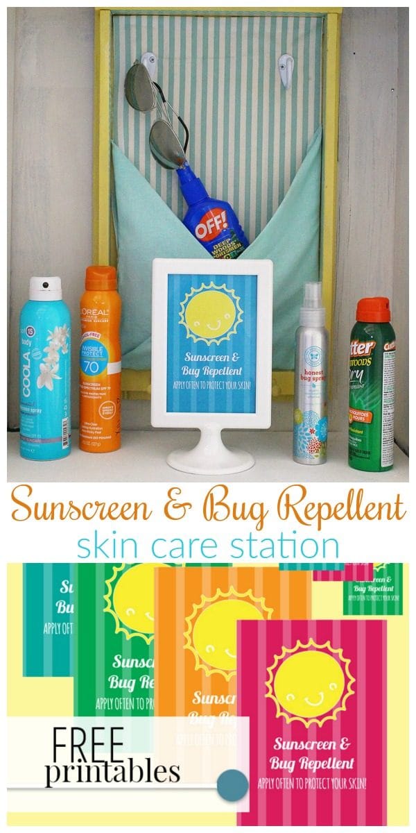 Sunscreen and bug repellent station | Create a skin care command station for outdoor fun. Keep everyone safe from sunburn and bug bites! A Well Crafted Party for TodaysCreativeLIfe.com