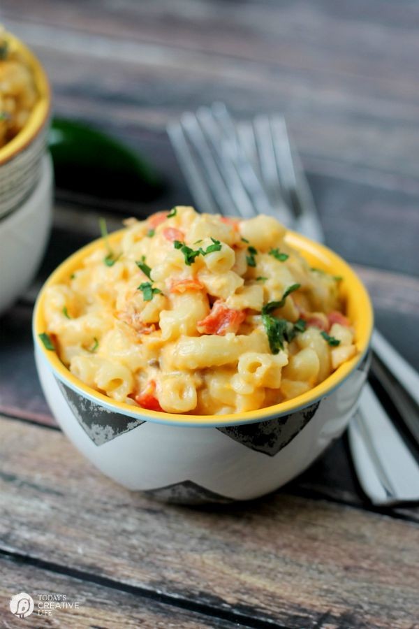 bowl of slow cooker macaroni and cheese made Mexican style