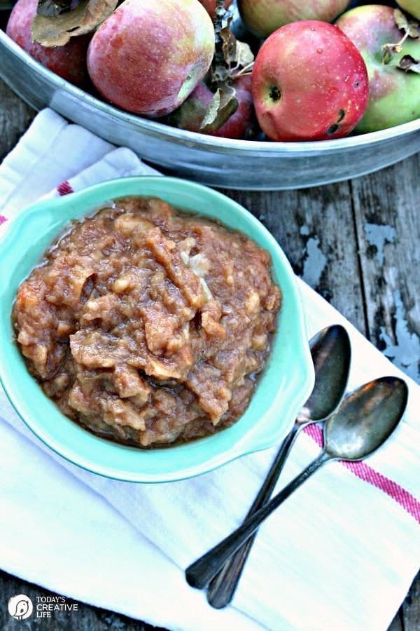 Homemade Slow Cooker Applesauce in a blue vintage bowl and vintage spoons. 