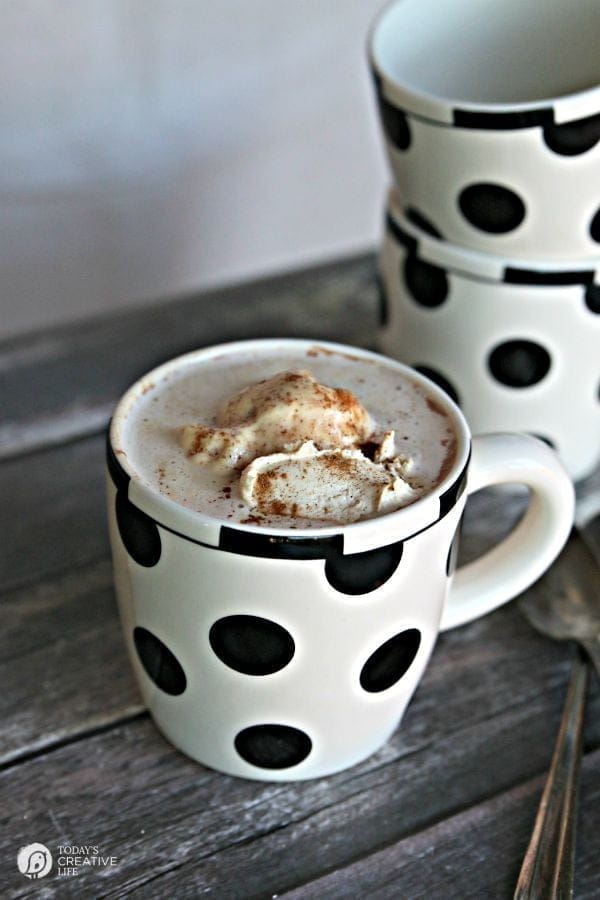 Peanut Butter Hot Chocolate with Peanut Butter Whipped Cream | This homemade decadent hot cocoa drink will please a crowd! It's a dessert! | See the recipe on TodaysCreativeLife.com