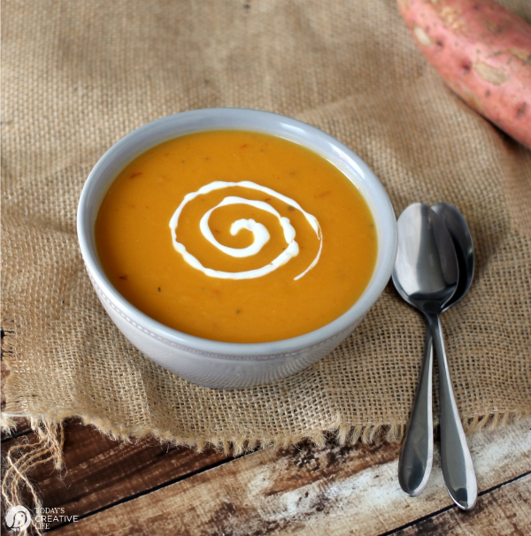 Slow Cooker Spicy Sweet Potato Soup | Easy Crock Pot soups are so good in the fall and winter! This healthy Sweet Potato soup makes a complete meal with some crusty bread and a salad! | See the recipe on TodaysCreativeLife.com