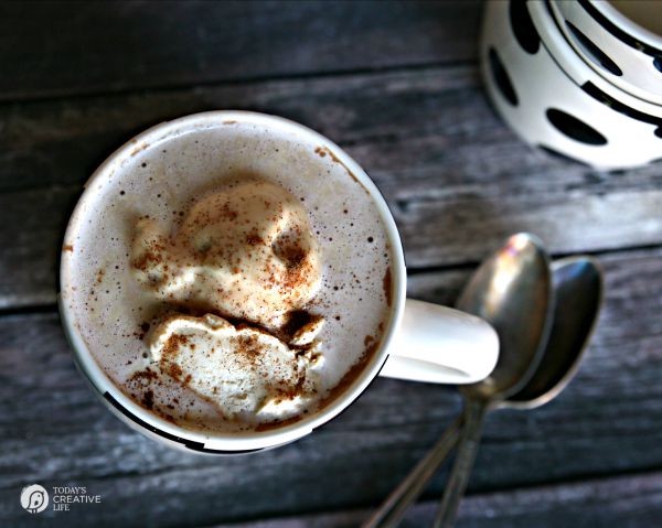 Peanut Butter Hot Chocolate with Peanut Butter Whipped Cream | This homemade decadent hot cocoa drink will please a crowd! It's a dessert! | See the recipe on TodaysCreativeLife.com