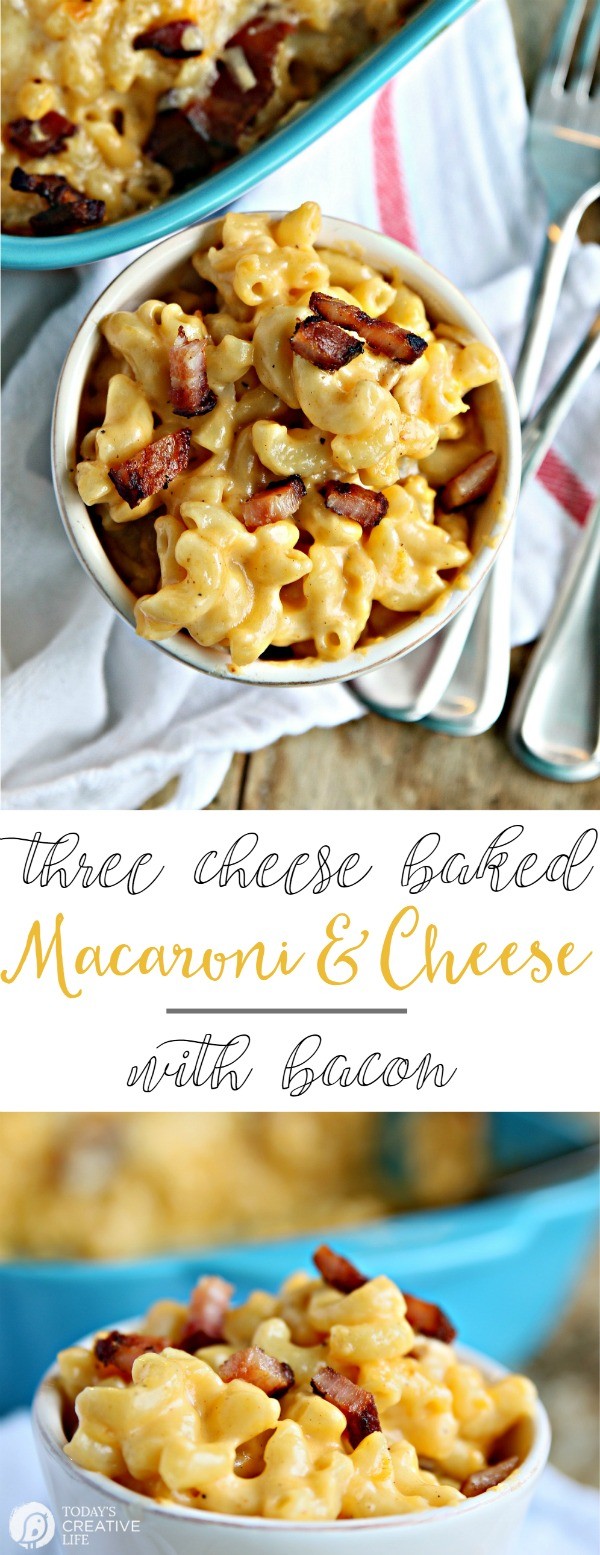 Three Cheese Baked Mac and Cheese with Bacon | This macaroni and cheese recipe is the ultimate comfort food. Full of white cheddar, smoked gouda and colby jack and topped with bacon! Great as a Thanksgiving Holiday side dish or dinner idea. Easy recipes are what I need! See it at TodaysCreativeLife.com