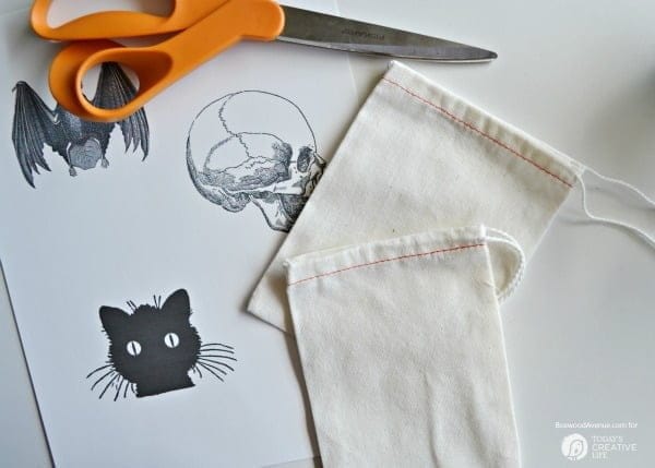 Printed Halloween images to be ironed on cotton bags.