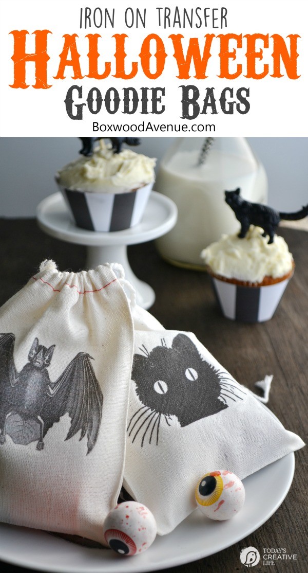 DIY Halloween Goodie Bags with spooky images added to cotton canvas bags