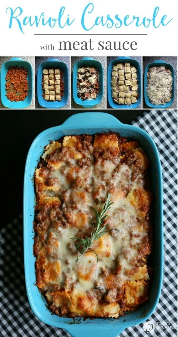 step by step photos showing how to make a recipe for Ravioli Casserole with Meat Sauce