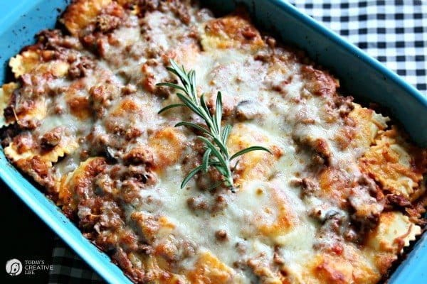 Italian pasta dinner with ravioli and meat sauce