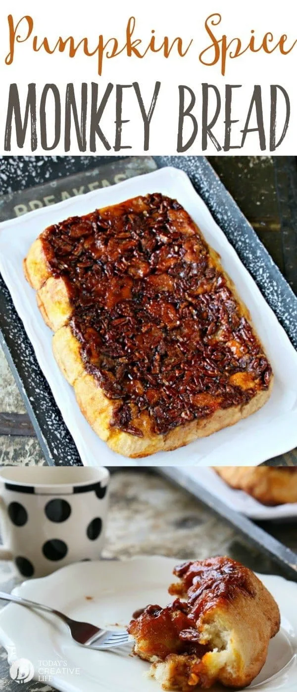 Pumpkin Spice Monkey Bread | This pull apart bread with Rhodes rolls and  butterscotch pudding and pumpkin spice is the perfect breakfast recipe idea for holiday brunch or any weekend. More Fall Recipes on TodaysCreativeLife.com