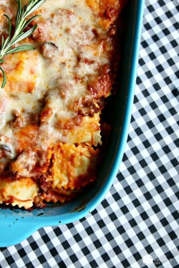 Tuscan-inspired ravioli casserole in a casserole dish