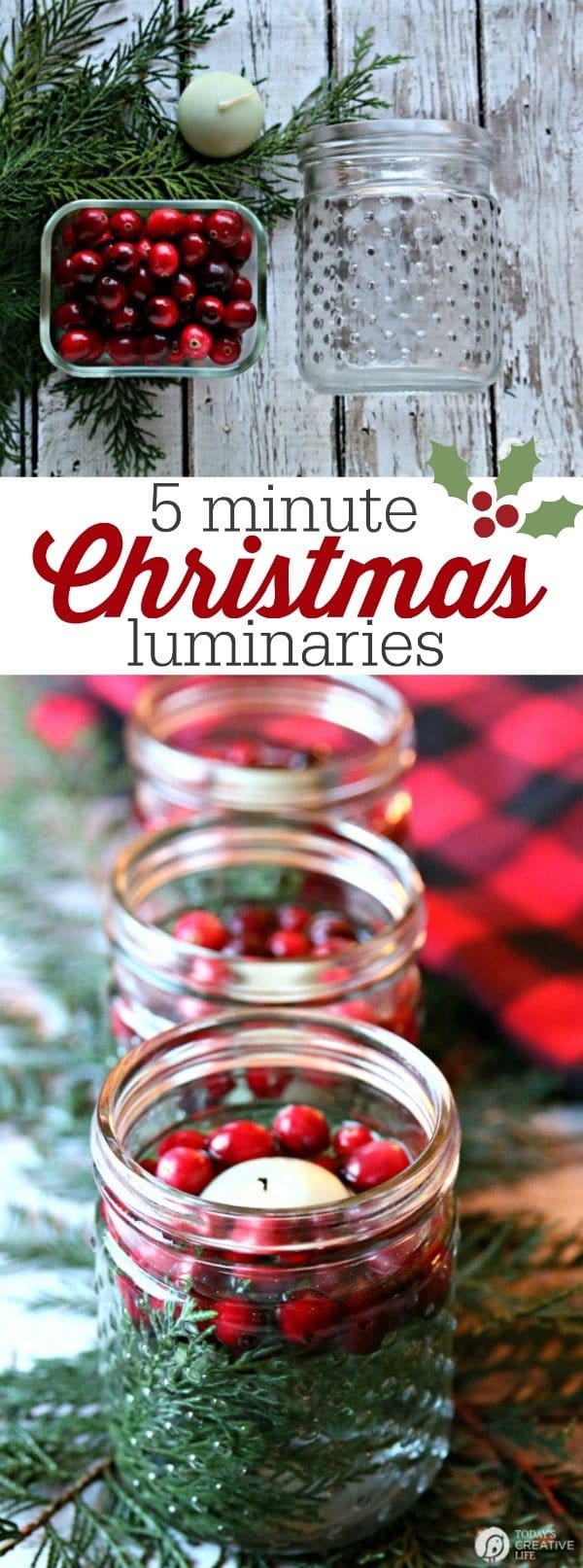 5 minute DIY Christmas luminaries | Quick and easy Christmas decorating. Whip up these floating candles with cranberries and cedar for a stunning table centerpiece. See more on TodaysCreativeLife.com