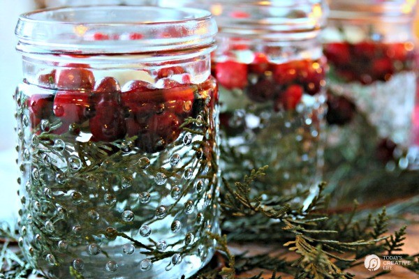 5 minute DIY Christmas luminaries 3 jars filled with water, cedar and cranberries