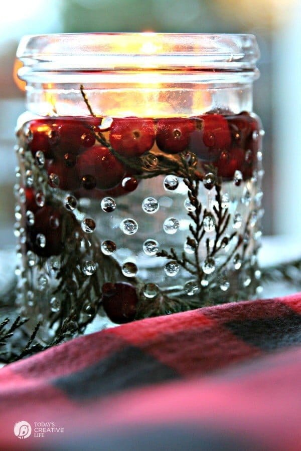 5 minute DIY Christmas luminaries | Quick and easy Christmas decorating. Whip up these floating candles with cranberries and cedar for a stunning table centerpiece. See more on TodaysCreativeLife.com