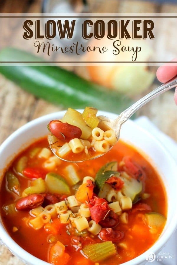 Slow Cooker Minestrone Soup | Crock Pot Soup Recipes are the perfect fall and winter meal. Hearty & delicious! Find the recipe and more slow cooker meals on TodaysCreativeLife.com