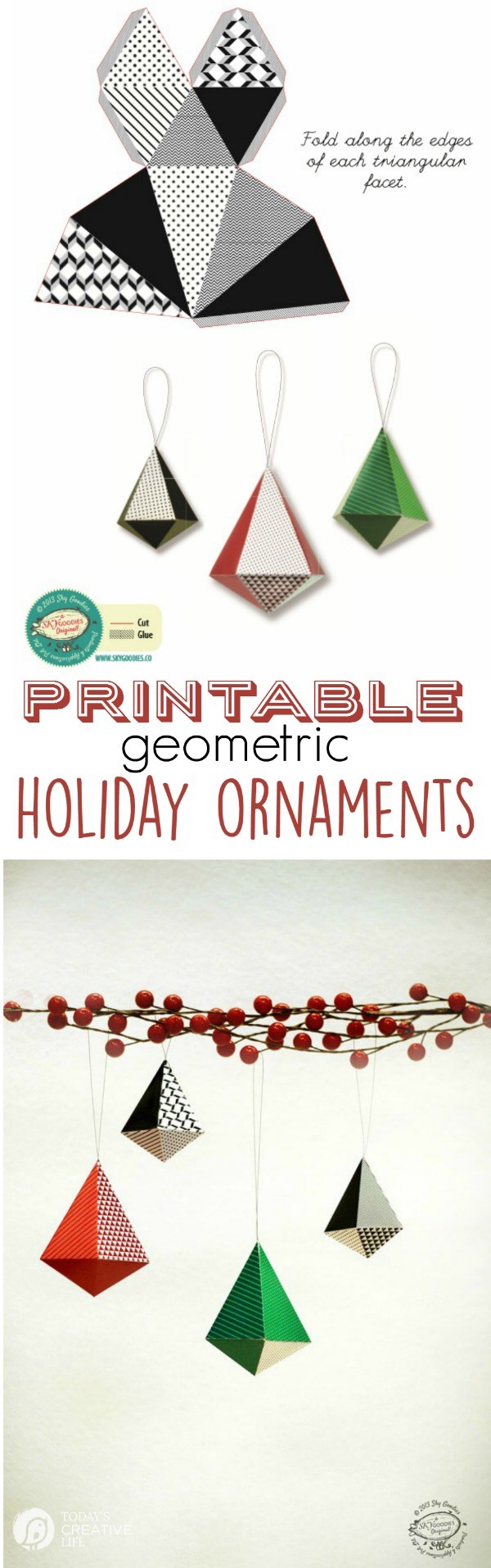 Printable Geometric Holiday Ornaments for a modern minimalist tree or traditional! Easy DIY holiday ornaments. Find your free download on TodaysCreativeLIfe.com