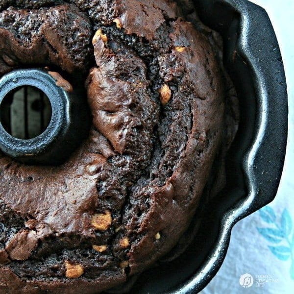 Chocolate Peanut Butter Chip Bundt Cake | Using a cake mix, instant pudding and a few other ingredients, makes this bundt cake the best cake recipe ever! Click the photo for the recipe! 