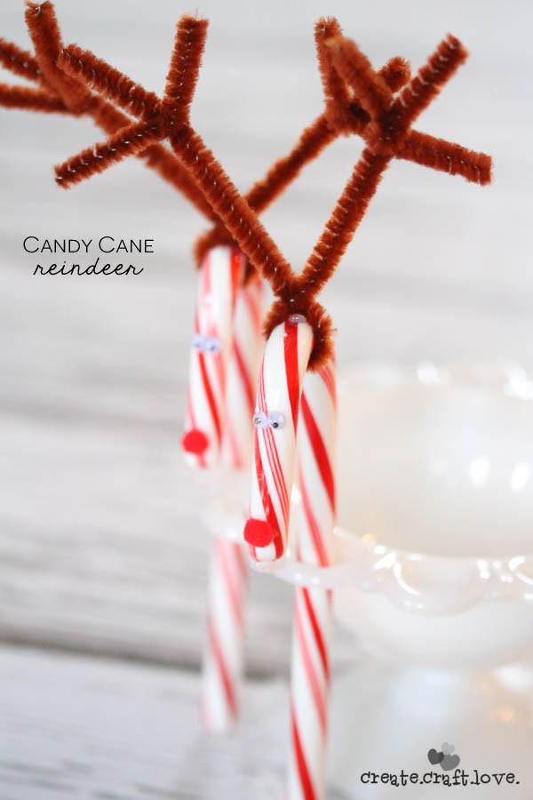Candy Cane Reindeer | These Candy Cane Reindeer are super easy to make and perfect for classroom Christmas parties! via createcraftlove.com for TodaysCreativeLife.com Creative Girls Holiday Soiree.