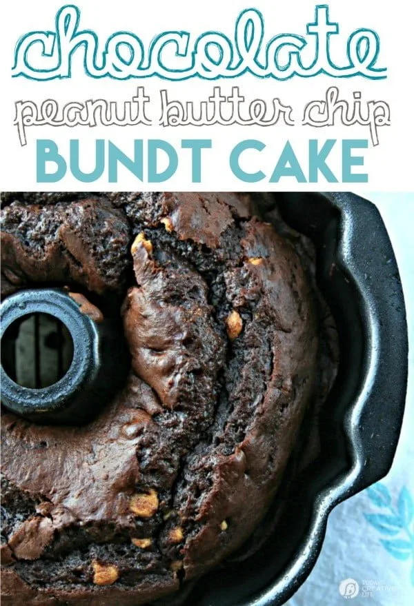 Chocolate Peanut Butter Chip Bundt Cake | Using a cake mix, instant pudding and a few other ingredients, makes this bundt cake the best cake recipe ever! Click the photo for the recipe! 
