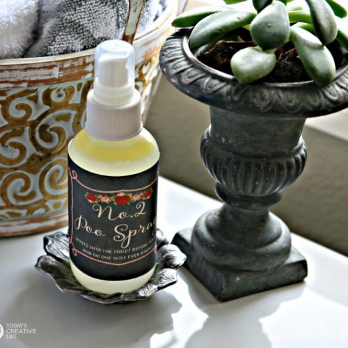Homemade No.2 Poo Spray | Make your own Poo Potpourri toilet spray to hide embarrassing smells. Just spritz into the toilet before going and no embarrassing odors. The Free Printable labels is yours too! See step by step instructions on TodaysCreativeLife.com