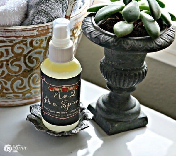 Homemade No.2 Poo Spray | Make your own Poo Potpourri toilet spray to hide embarrassing smells. Just spritz into the toilet before going and no embarrassing odors. The Free Printable labels is yours too! See step by step instructions on TodaysCreativeLife.com