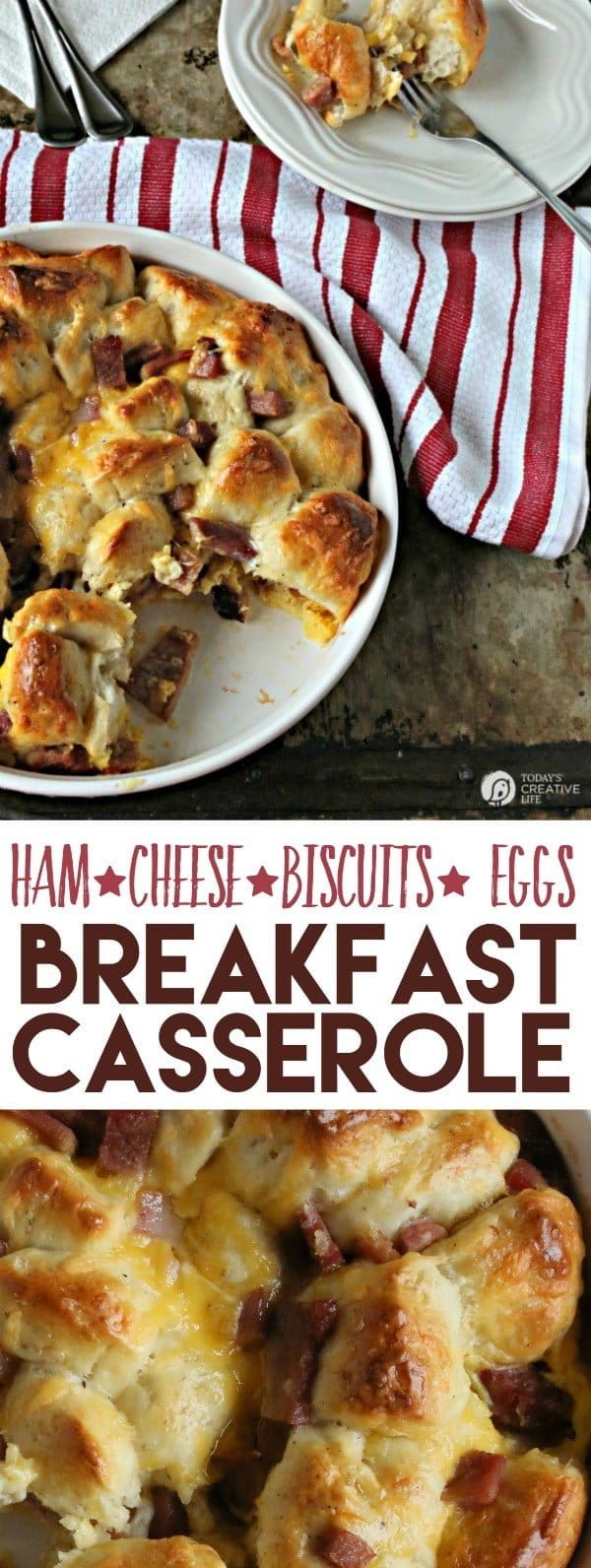 title photo collage of ham and cheese breakfast casserole