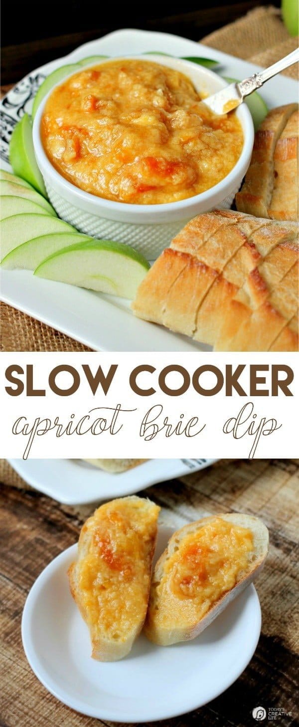 Slow Cooker Apricot Brie Dip | Here's your perfect party food! This party dip recipe is easy to make in your crock pot and ready to take to any potluck! See the recipe on TodaysCreativeLife.com