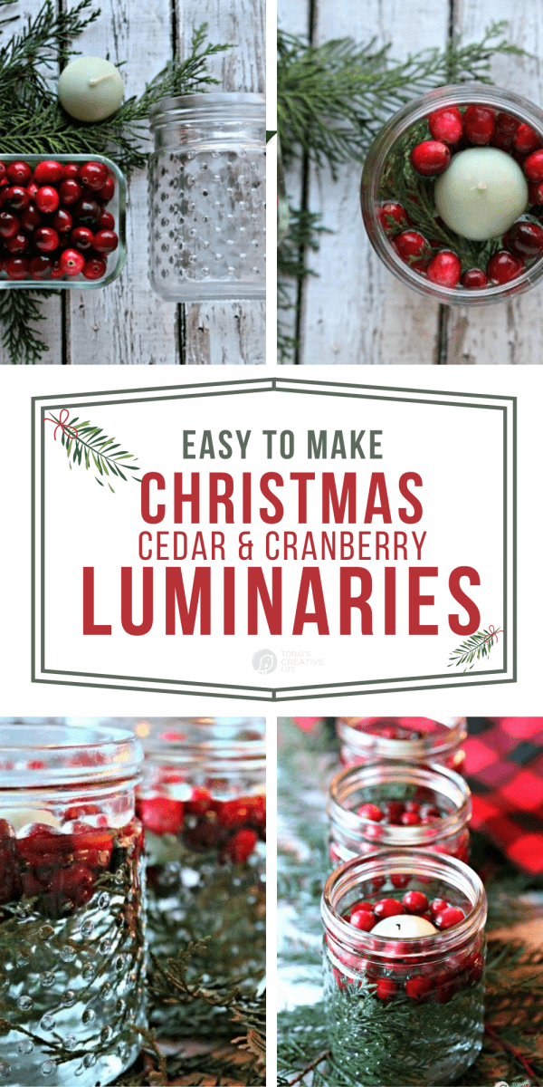 Photo collage of diy cedar cranberry luminaries.