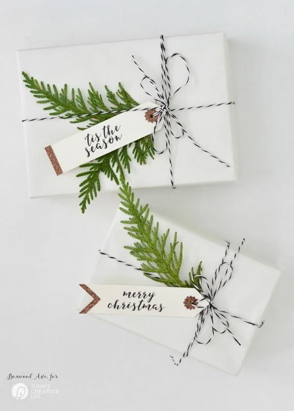 DIY Holiday Gift Tags made with a Cricut Explore Air by Boxwood Ave. for TodaysCreativeLife.com | Make simple Christmas gift tags for simple gift wrapping that looks amazing! 