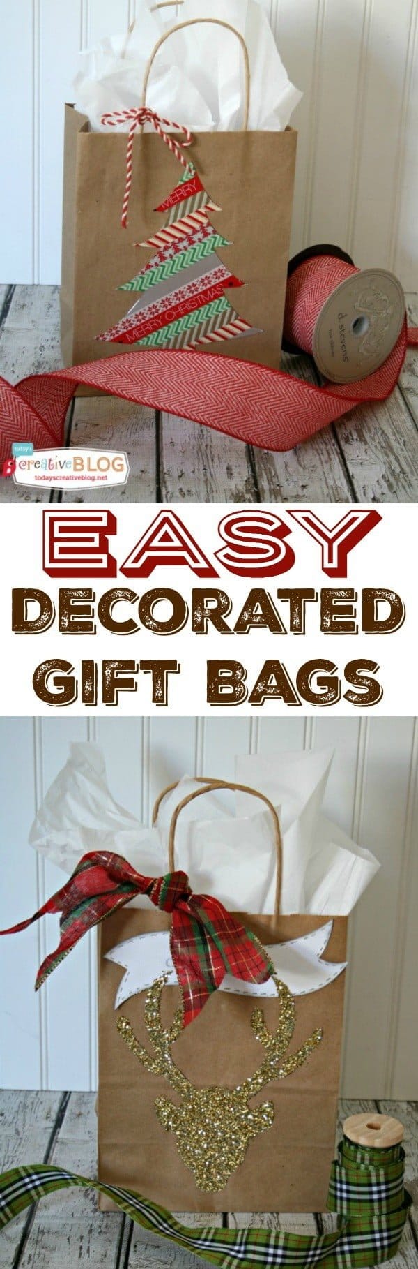 Easy DIY Gift Wrap | Quick and easy holiday gift wrapping using gift bags, glitter and washi-tape! Create your own templates and create simple fun designs! See a full tutorial on TodaysCreativeLife.com