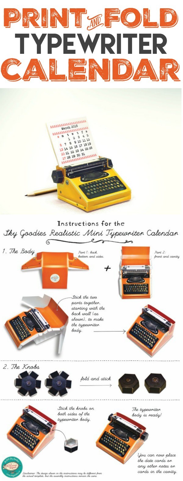 2016 Calendar | This free printable 2016 calendar will tickle the creative side! Print and Fold Typewriter with monthly date cards from SkyGoodies Etsy boutique. Get your free download from TodaysCreativeLife.com