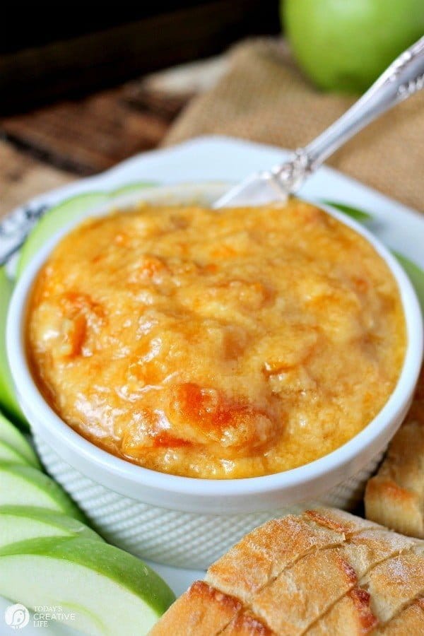 Slow Cooker Apricot Brie Dip | Here's your perfect party food! This party dip recipe is easy to make in your crock pot and ready to take to any potluck! See the recipe on TodaysCreativeLife.com