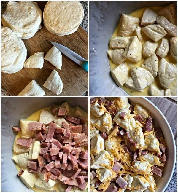 step by step photos showing how to make a ham and cheese egg casserole