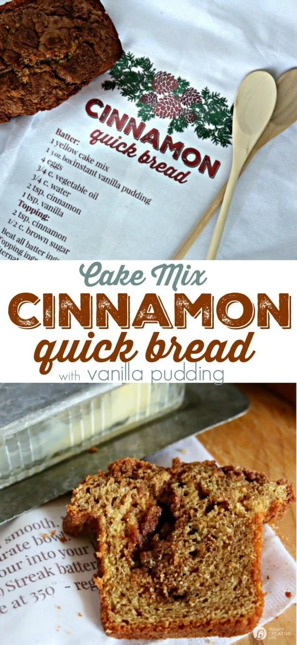 Cake Mix Cinnamon Quick Bread | Quick breads have never been so tasty! Using a cake mix makes the best treat and perfect for gift baskets or breakfast! Find the recipe on TodaysCreativeLife.com