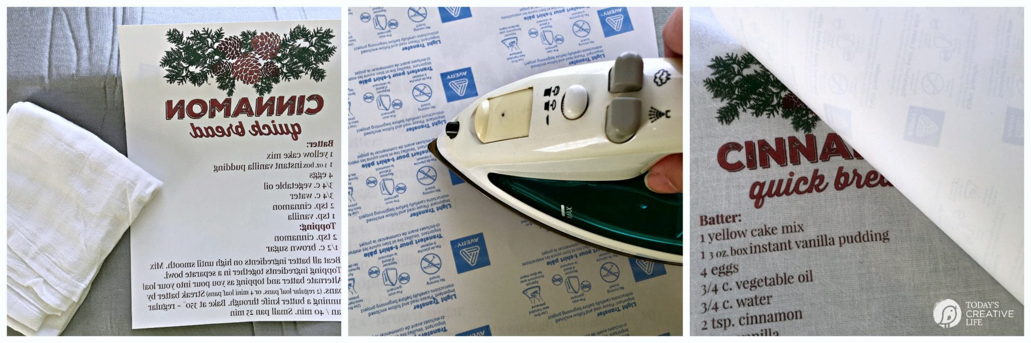 3 photos showing steps for iron on transfers