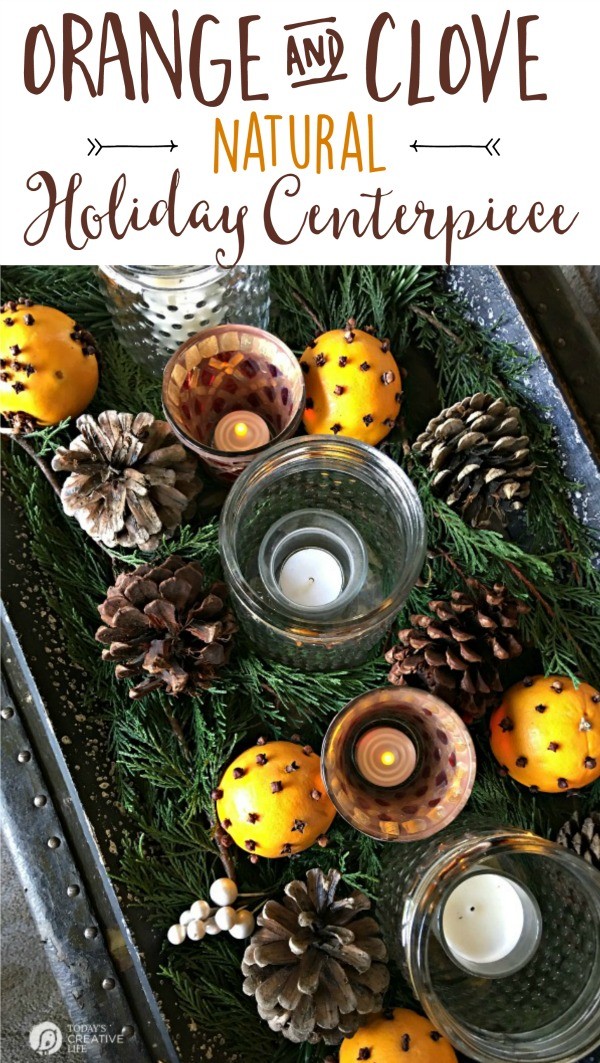 Orange Clove Natural Holiday Centerpiece | If you're looking for a simple, yet beautiful Christmas holiday decorations, here you go! Look to nature for your easy decorating solutions. It's fragrant and classic. See more on TodaysCreativeLife.com