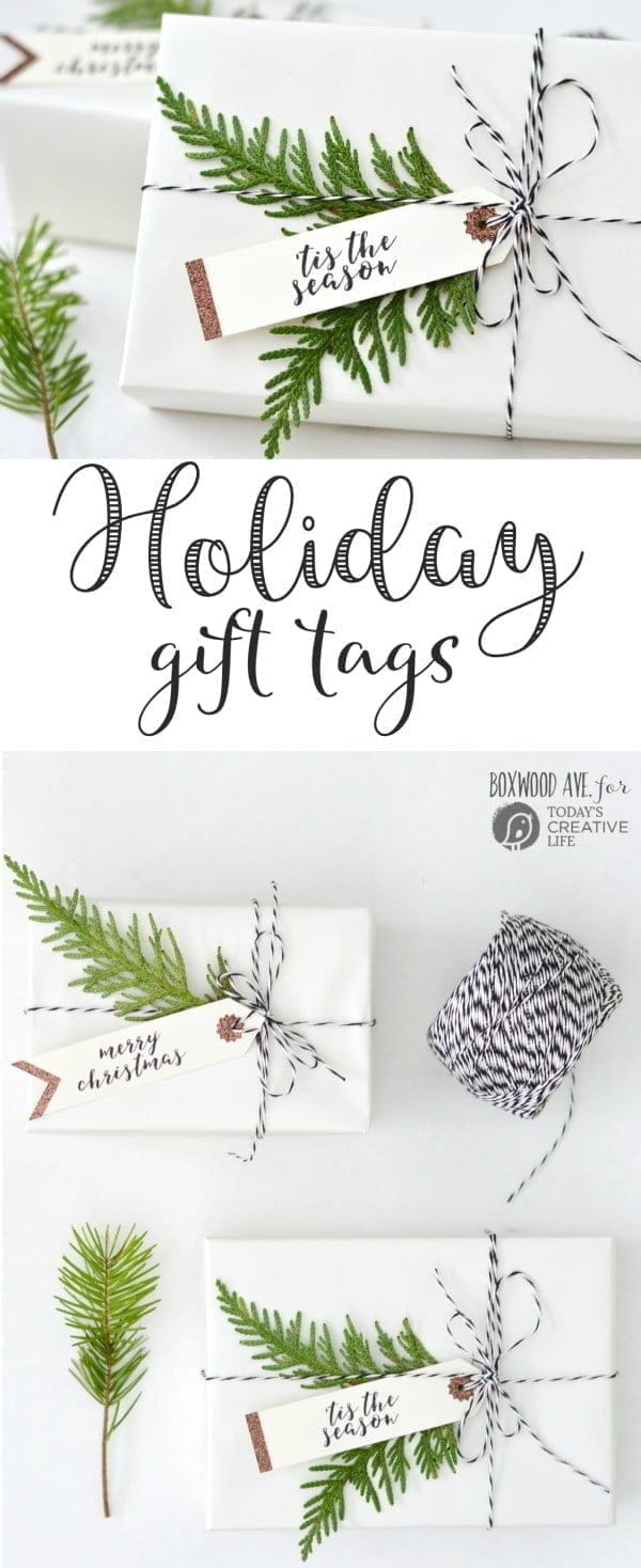 DIY Holiday Gift Tags made with a Cricut Explore Air by Boxwood Ave. for TodaysCreativeLife.com | Make simple Christmas gift tags for simple gift wrapping that looks amazing! 