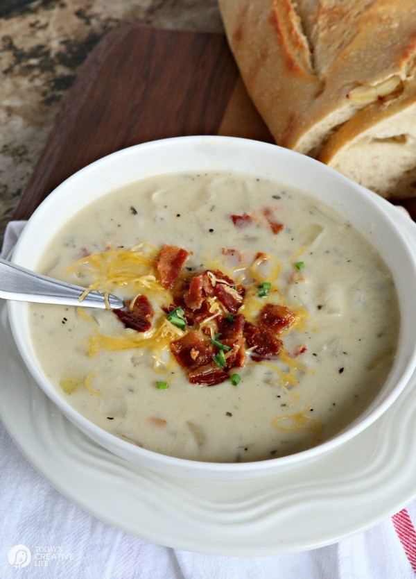 bowl of homemade potato soup topped with bacon and cheese