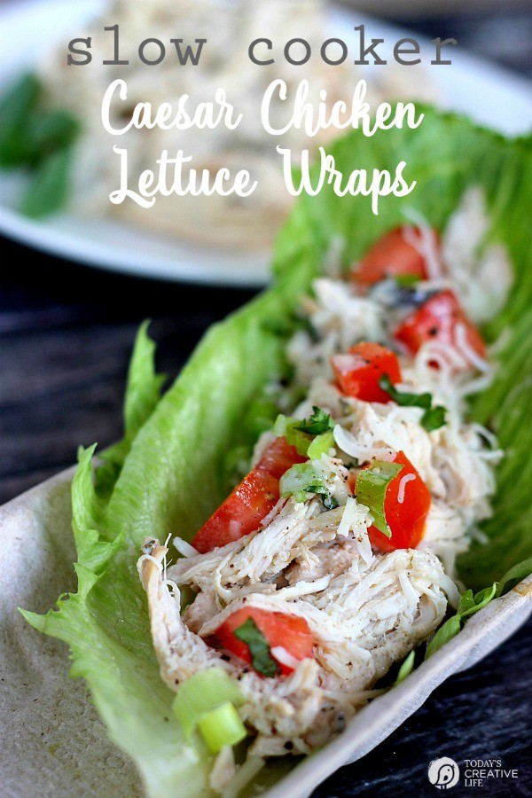 Chicken Lettuce Wraps | Slow Cooker Caesar Chicken Lettuce Wraps are just one of the many meals made with this slow cooker Caesar Chicken recipe. Click on the photo for the recipe. TodaysCreativeLife.com
