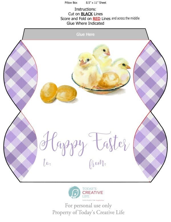 Free Easter Printables | Download your free Easter Pillow Box Printable Template for easy Easter gift giving! These are great for Easter baskets or just simple gift. Click the photo to download your own. TodaysCreativeLife.com