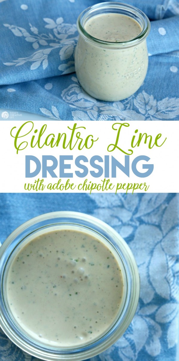 Cilantro Lime Dressing | This cilantro lime dressing with the added adobe chipotle peppers is amazing! Drizzle on tacos, salad and more. Click the photo for the recipe. 