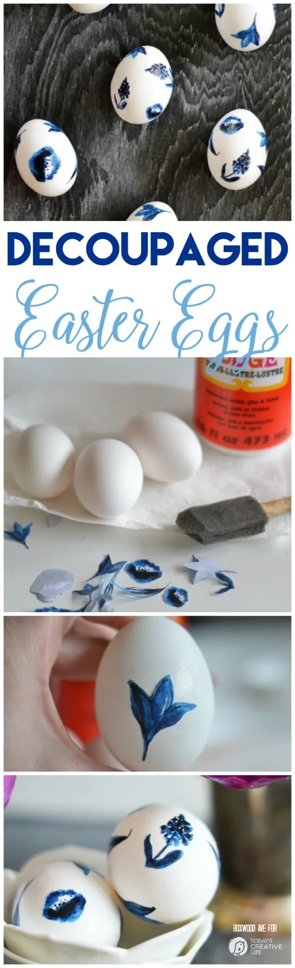 Easter Egg Designs {Blue & White Porcelain Inspired} | Create this simple look by decoupaging your own eggs. Click on the photo for this free download. Easter crafts and ideas just got grew up! TodaysCreativeLife.com