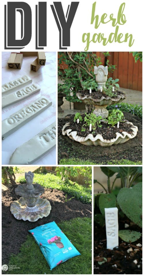 Planting an Herb Garden | Create a unique herb garden using an old fountain and eco scraps potting soil. Make your own DIY garden stakes from polymer clay for an easy craft. Tutorial on TodaysCreativeLife.com