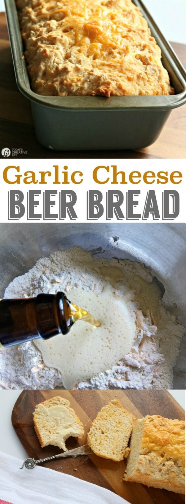 Beer Bread Recipe with Garlic and Cheese | This Garlic cheese beer bread is delicious! This easy recipe is great with salads, or alone. Make it with craft microbrew or regular beer. Click on the photo for the recipe. TodaysCreativeLife.com